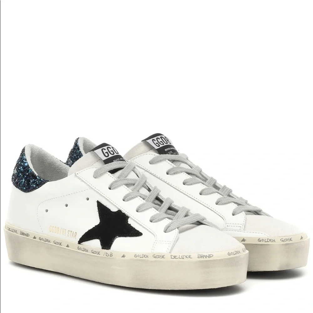 Golden Goose Hi Star Leather Sneakers White Black Star Blue Glitter